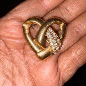 Vintage Monet Brushed Gold Heart Brooch with Clear Rhinestones